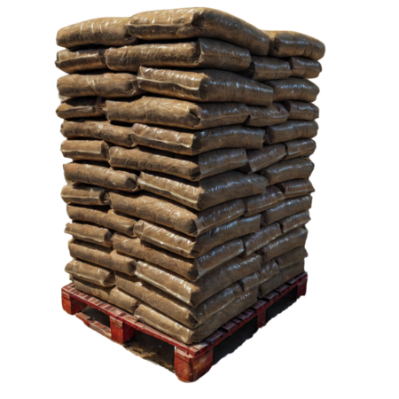 65 bags of pre-packed wood pellets on a pallet